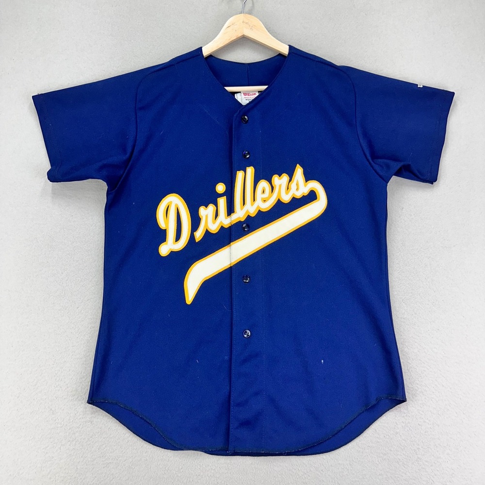 Vintage 90s Baseball Jersey Tee Drillers Youth XL Blue‎ Short Sleeve Wilson USA
